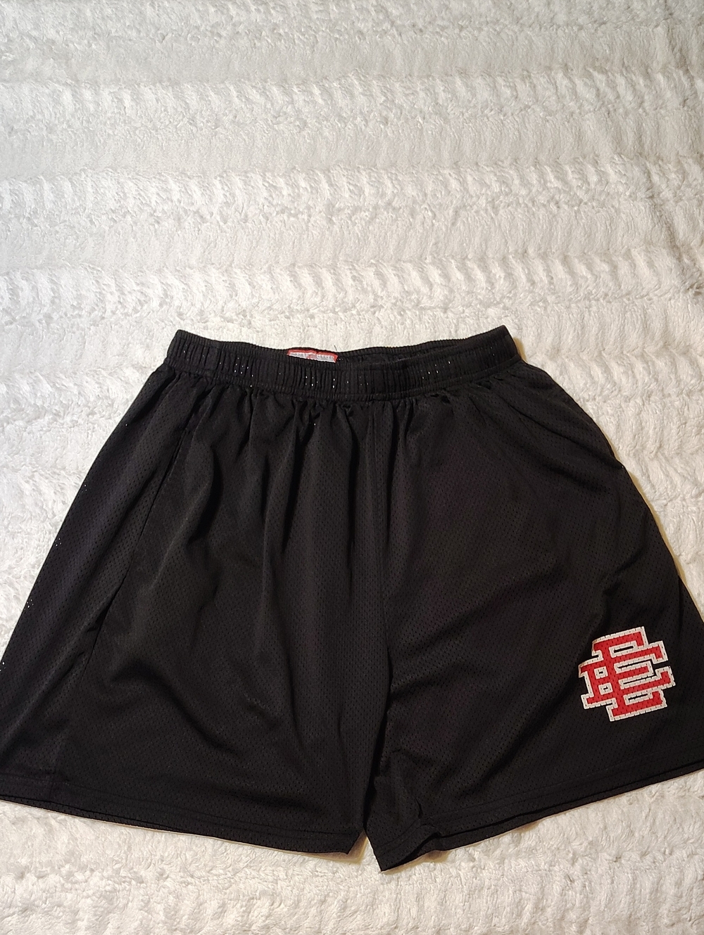 Eric Emanuel Black Athletic Mesh Shorts with Red Logo Patch